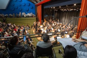 Em primeiro plano, na galeria lateral do Teatro SARAH, trajando uniformes hospitalares e sentados em cadeiras de rodas ou deitados em macas, pacientes do SARAH Brasília assistem à apresentação da Orquestra Sinfônica do Teatro Nacional. Mais ao fundo, pode-se ver a plateia e os músicos da orquestra no palco iluminado.