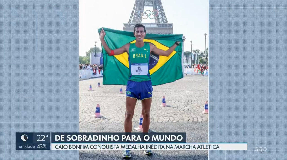 CaioBonfim Caio Bonfim posando para foto com a bandeira do Brasil (Captura de tela – crédito: TV Globo)